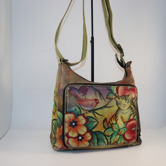 Anuschka Hand-Painted Leather Crossbody Bag Cat & Bird Floral - Picture 1 of 9